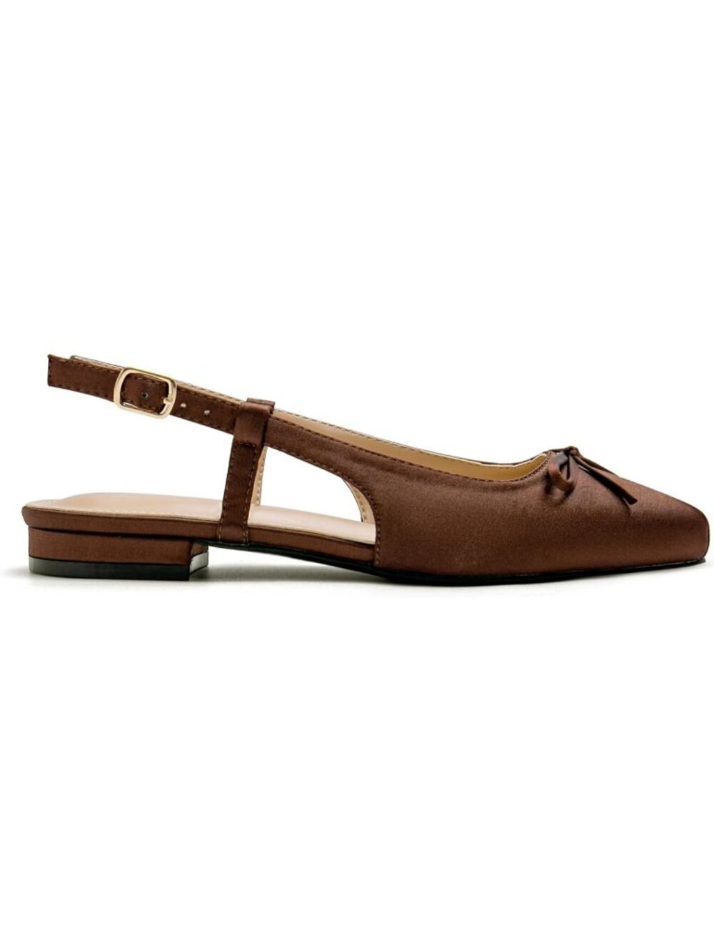 Women's Coffee Slingback Square Toe Bow Knit Ankle Buckle Satin Ballet Flats - Picture 5 of 7